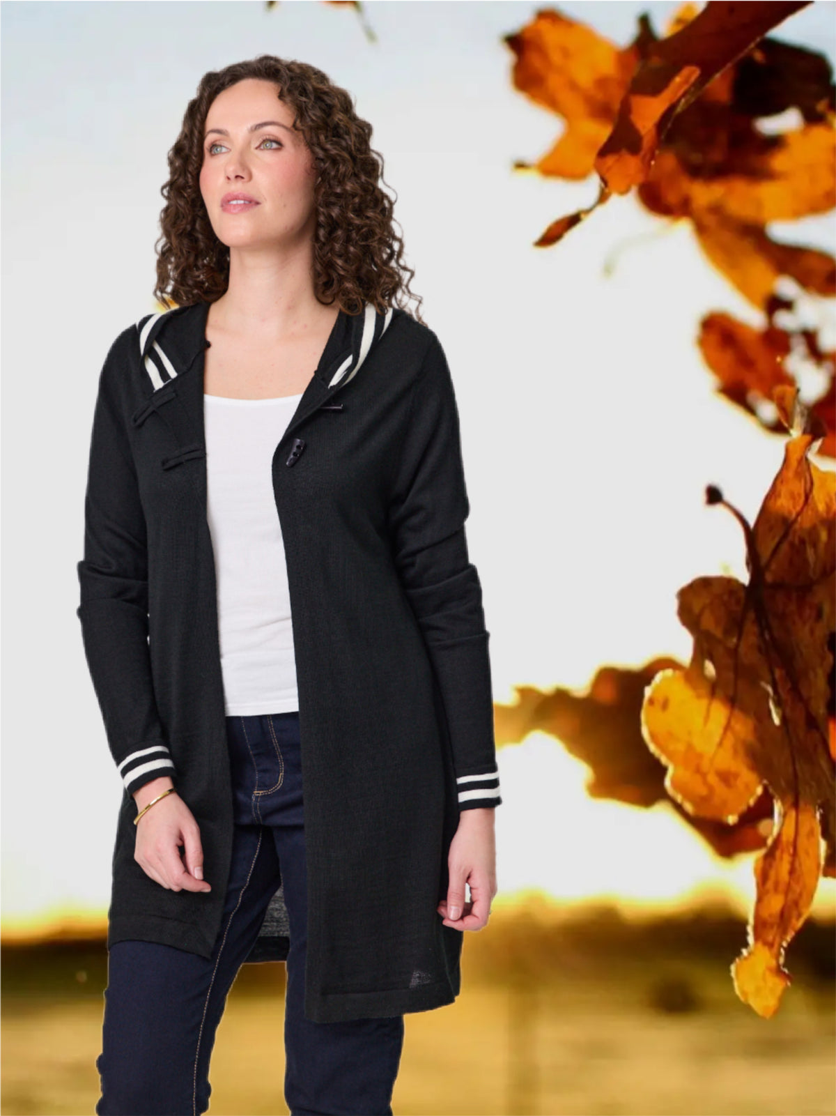 Stripe Trim Hooded Cardigan Black/White