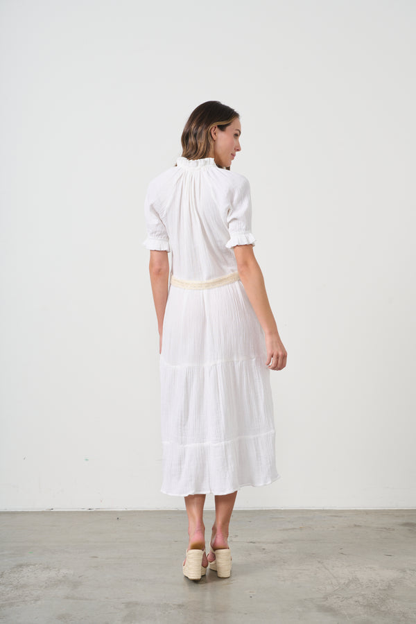 Dress Self Coloured Embroidery & Belt White