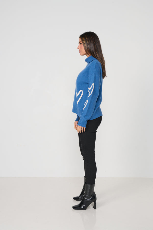 Jumper Floating Hearts & Roll Neck Blue