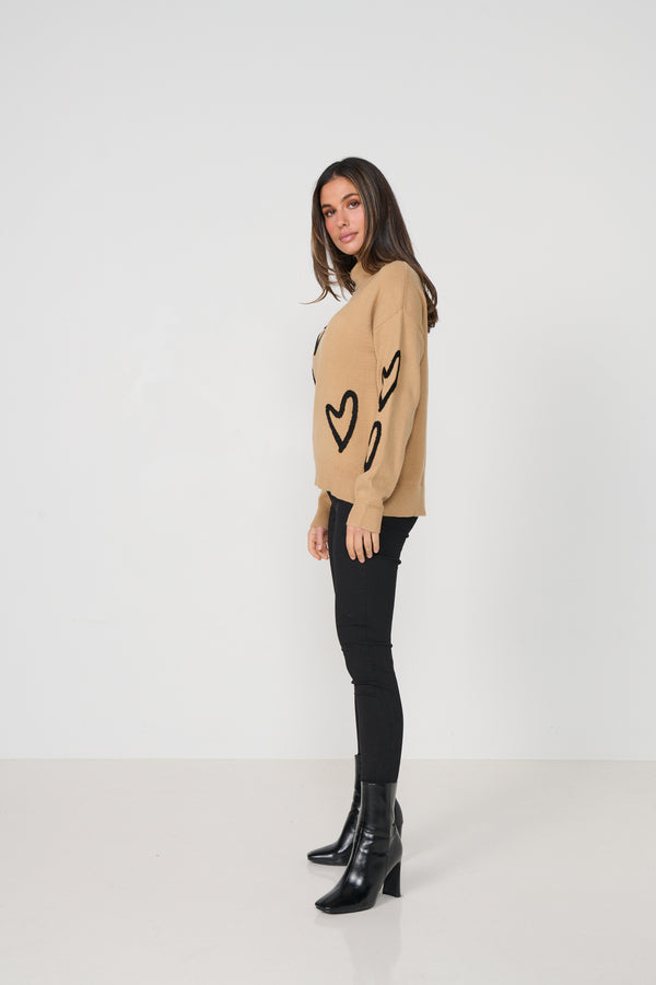 Jumper Floating Hearts & Roll Neck Sand