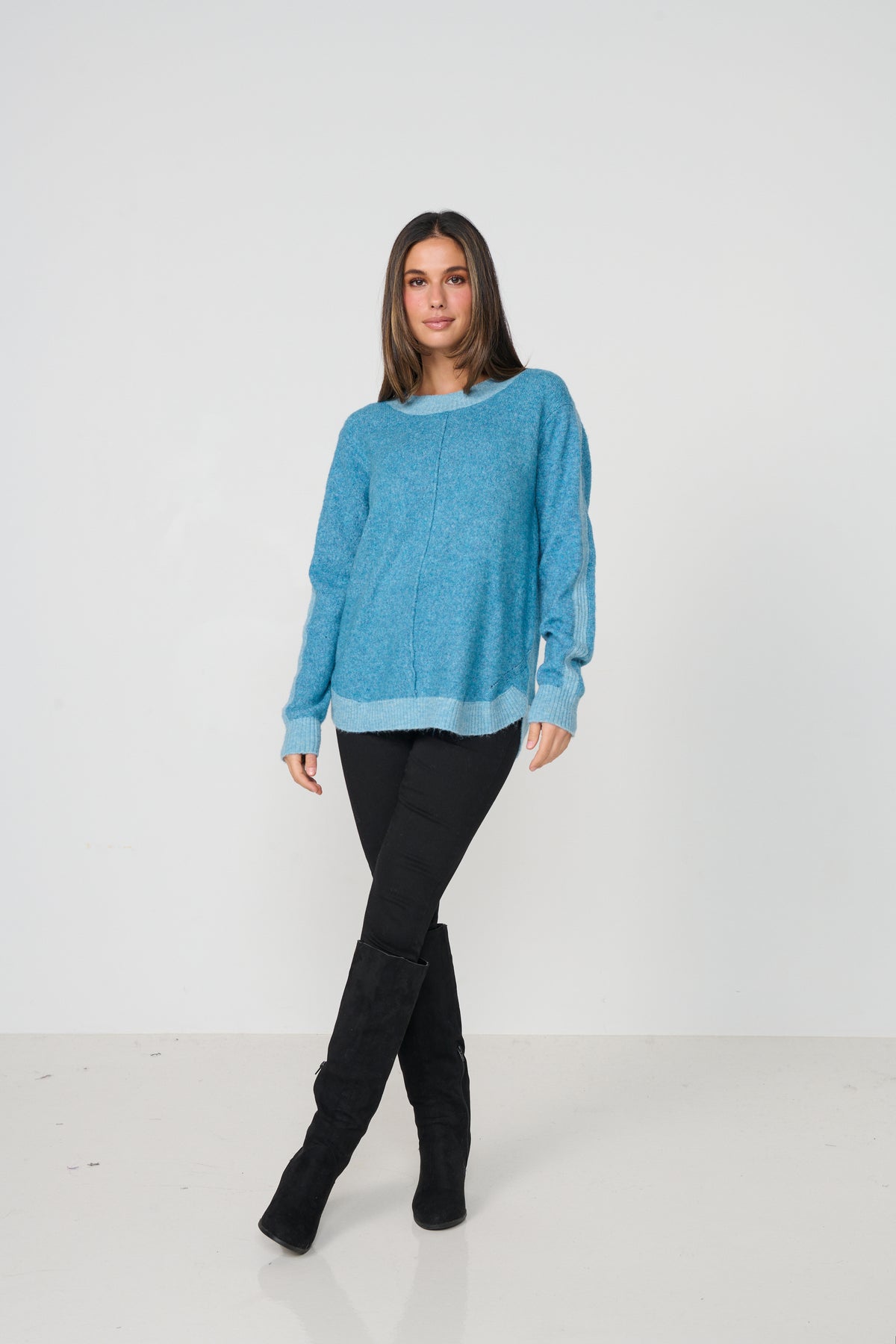 Jumper Scoop Hem Contrast Ribbing Blue