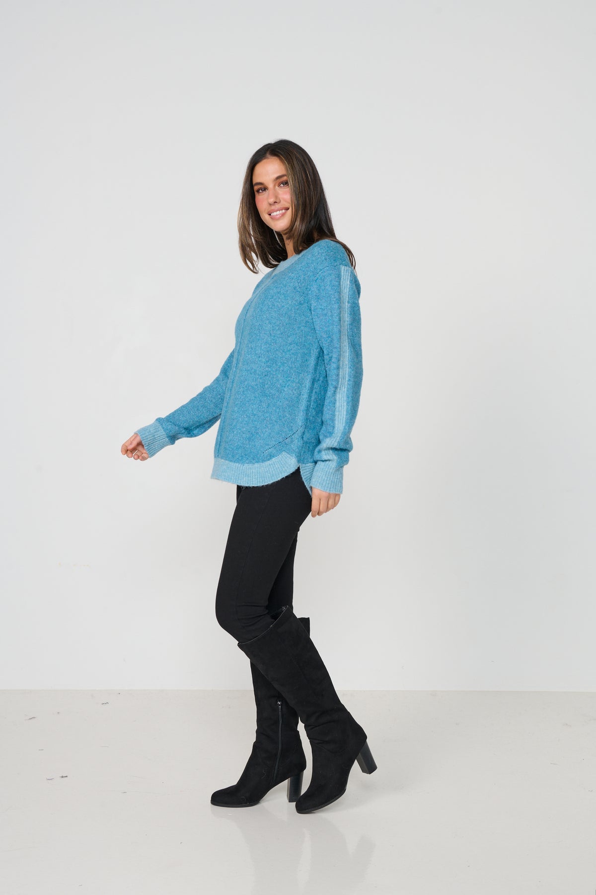 Jumper Scoop Hem Contrast Ribbing Blue