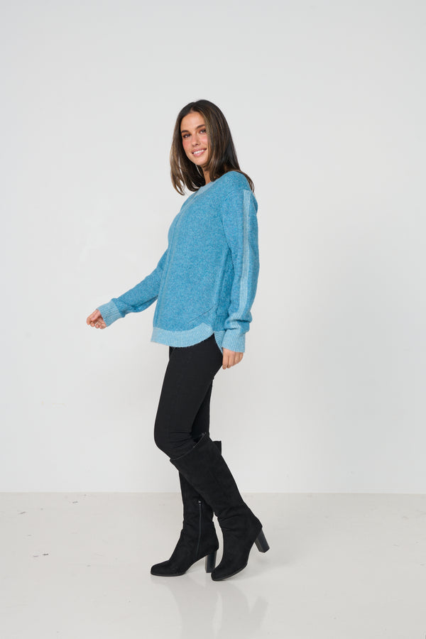 Jumper Scoop Hem Contrast Ribbing Blue