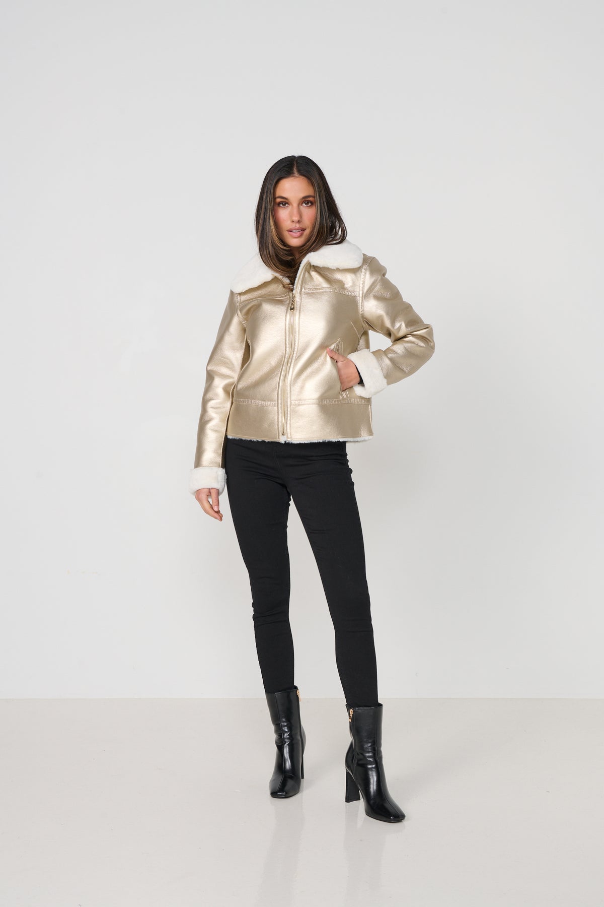 Jacket Reversible Biker PU & Faux Fur Gold