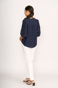 BLOUSE CHECK & LACE Navy