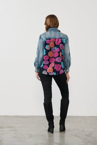 Jacket - Denim w/Flower Fabric Panels Berry