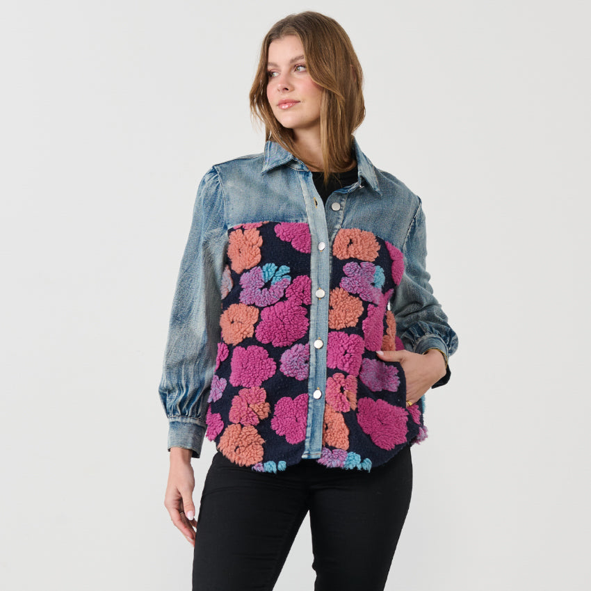 Jacket - Denim w/Flower Fabric Panels Berry