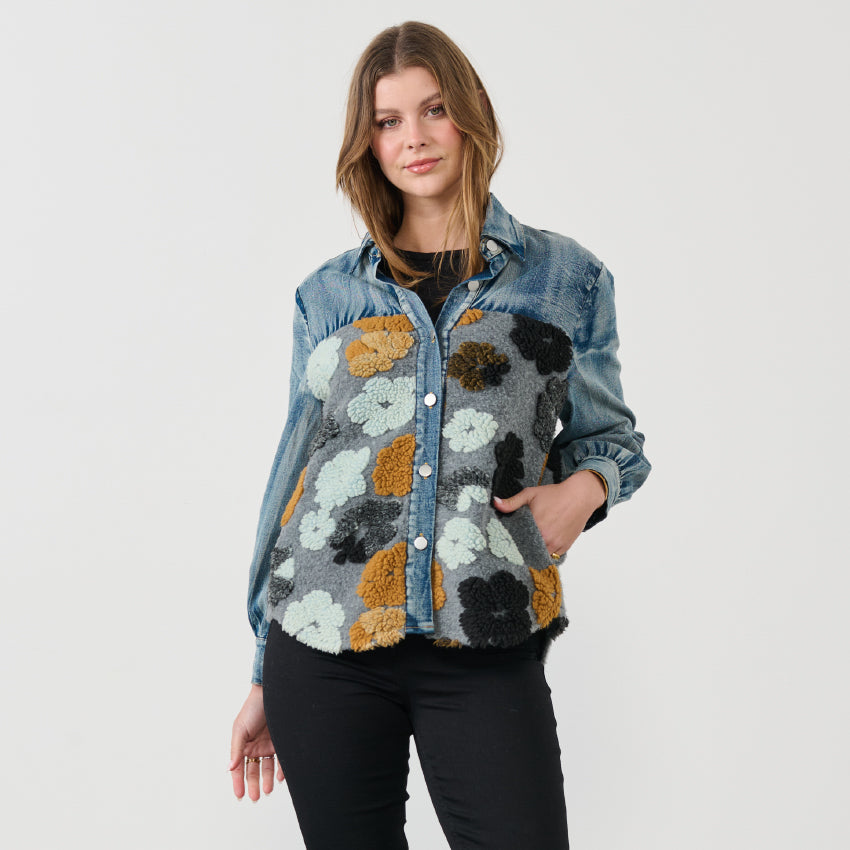 Jacket - Denim w/Flower Fabric Panels Caramel