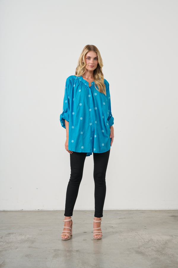 Shirt Oversize w/Flower Embroidery Blue