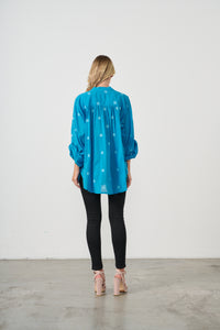 Shirt Oversize w/Flower Embroidery Blue