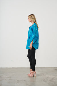 Shirt Oversize w/Flower Embroidery Blue