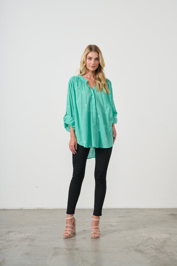 Shirt - Oversize w/Flower Embroidery Green