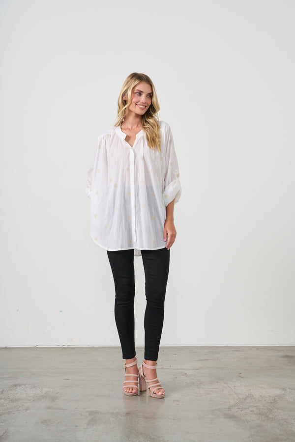Shirt - Oversize w/Flower Embroidery White