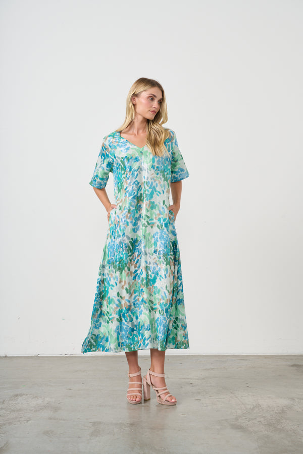 Dress - A-Line w/Side Splits & Lurex Sparkle – Aqua