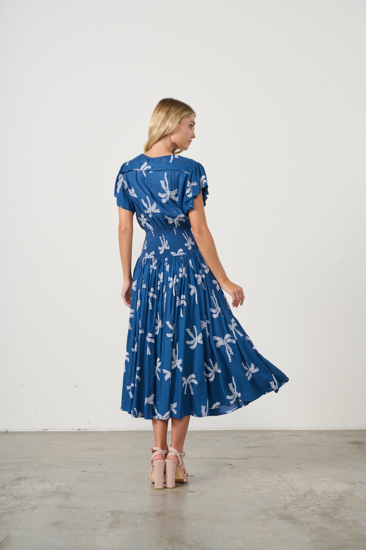 Dress The Palms Print w/Shirred Waist Navy