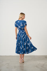 Dress The Palms Print w/Shirred Waist Navy