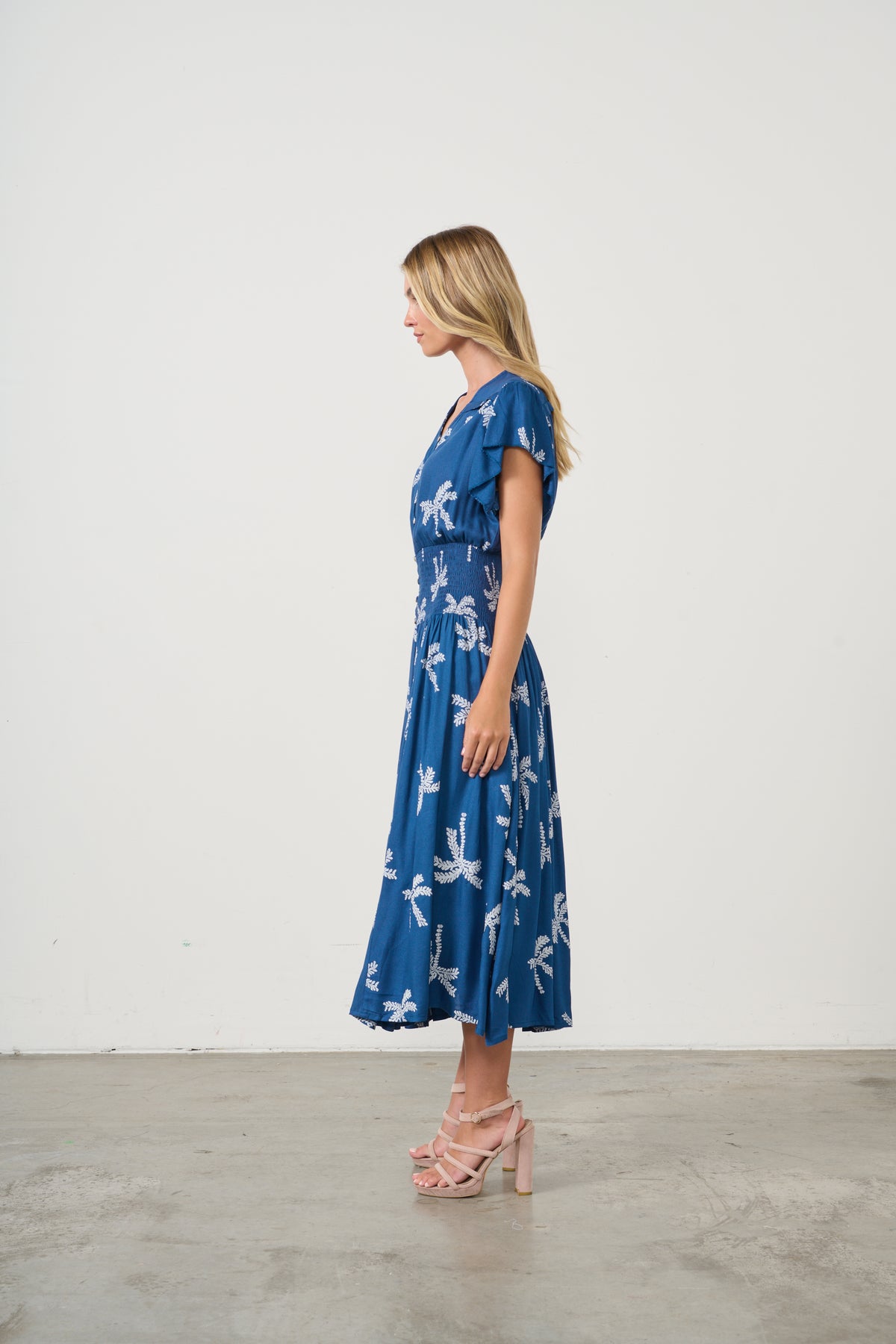 Dress The Palms Print w/Shirred Waist Navy