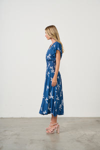 Dress The Palms Print w/Shirred Waist Navy