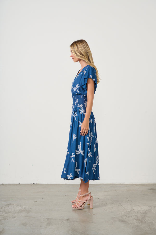Dress The Palms Print w/Shirred Waist Navy