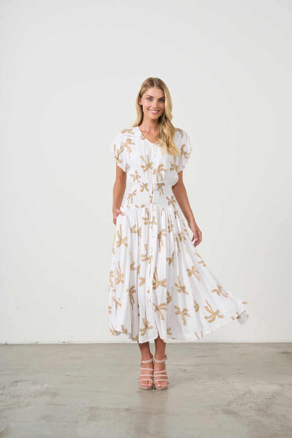 Dress The Palms Print w/Shirred Waist White