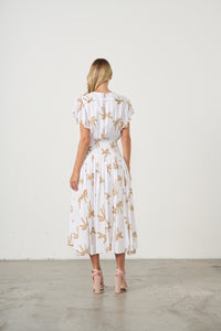 Dress The Palms Print w/Shirred Waist White