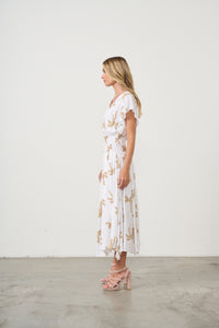 Dress The Palms Print w/Shirred Waist White