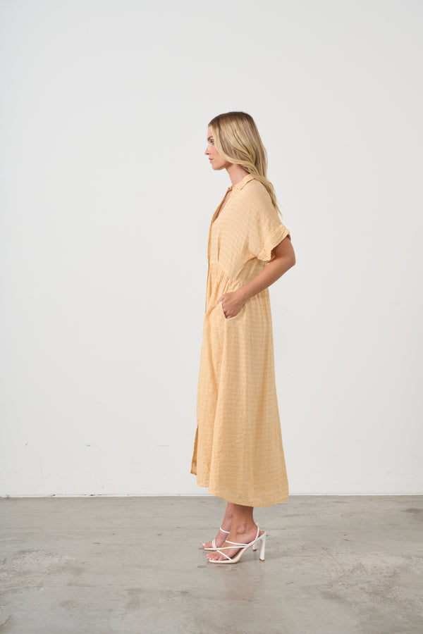 Dress Seersucker Hidden Buttons Apricot