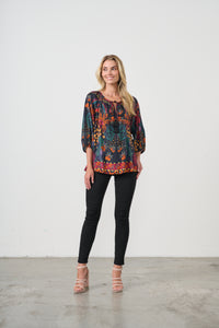 Blouse - Tropical Print & Tie Neckline – Black