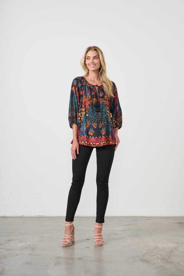 Blouse - Tropical Print & Tie Neckline – Black