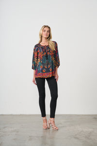 Blouse - Tropical Print & Tie Neckline – Black