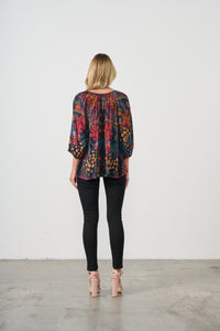 Blouse - Tropical Print & Tie Neckline – Black