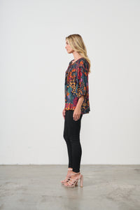 Blouse - Tropical Print & Tie Neckline – Black