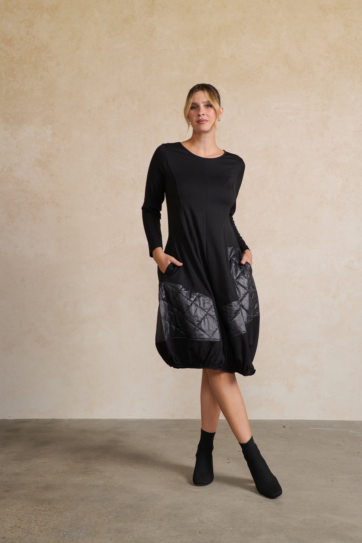 Dress Puffer Quilted Panels Pockets Black