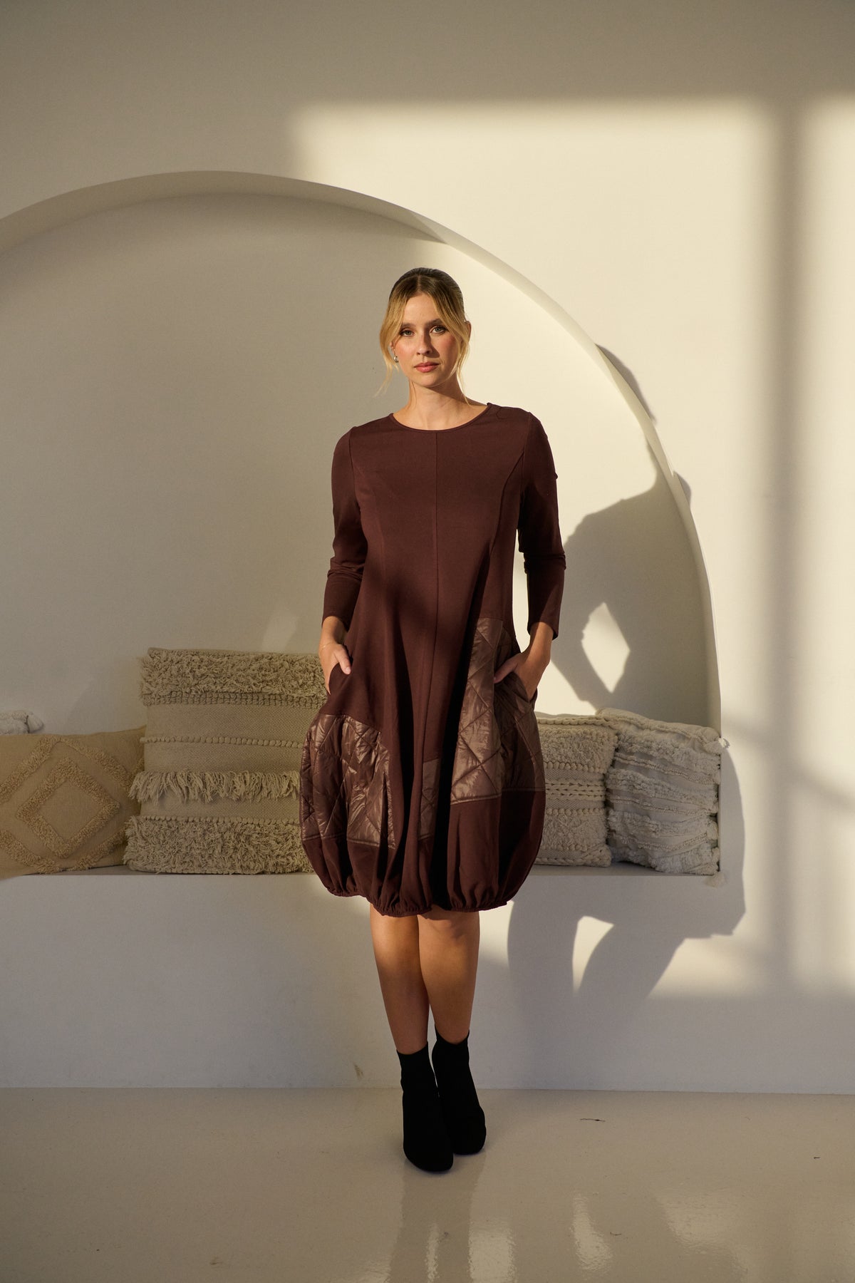 Dress Puffer Quilted Panels Pockets Chocolate