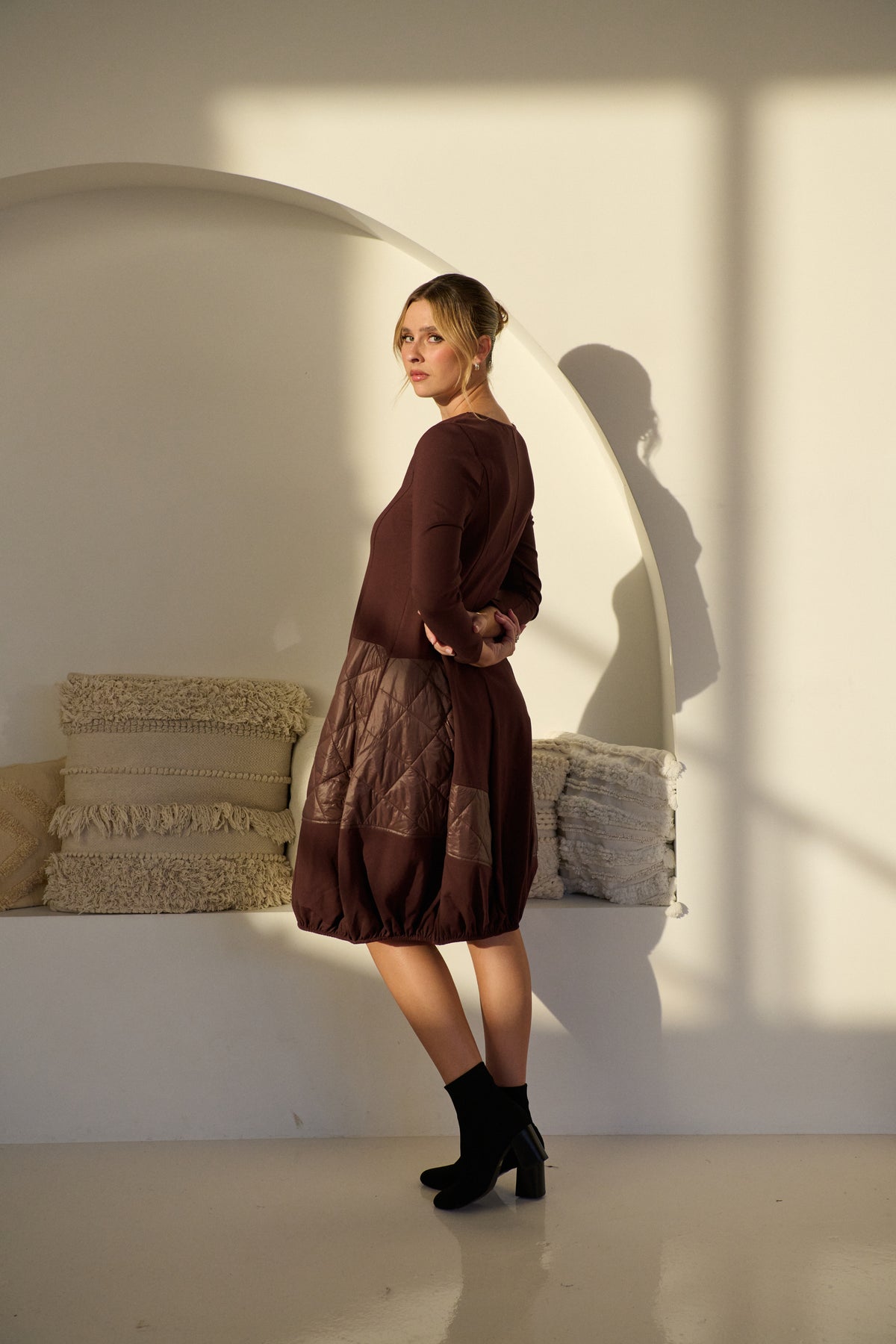 Dress Puffer Quilted Panels Pockets Chocolate