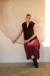 Vest Special Knit Design Faux Fur Collar & Pockets in Ruby Red