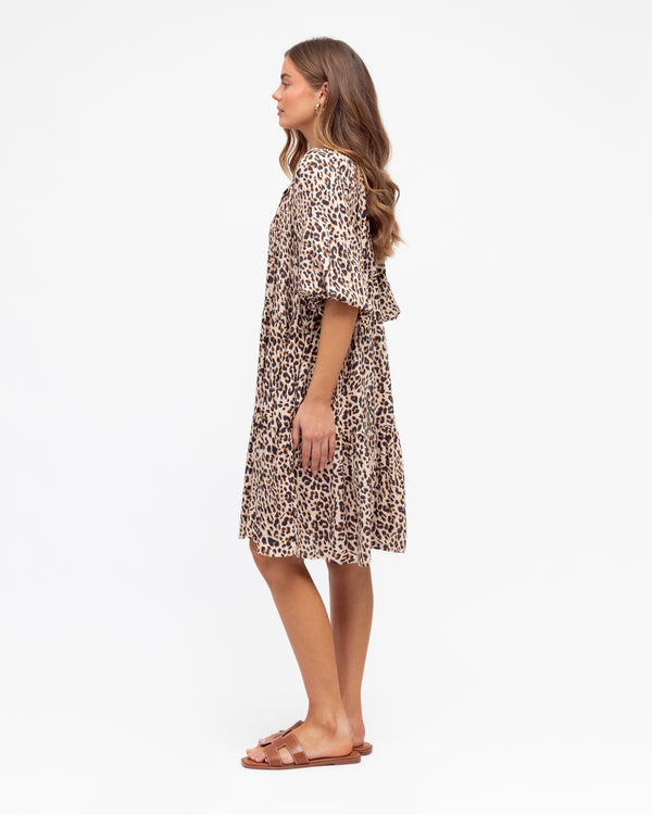 Leopard Print V Neck Knee Length Dress