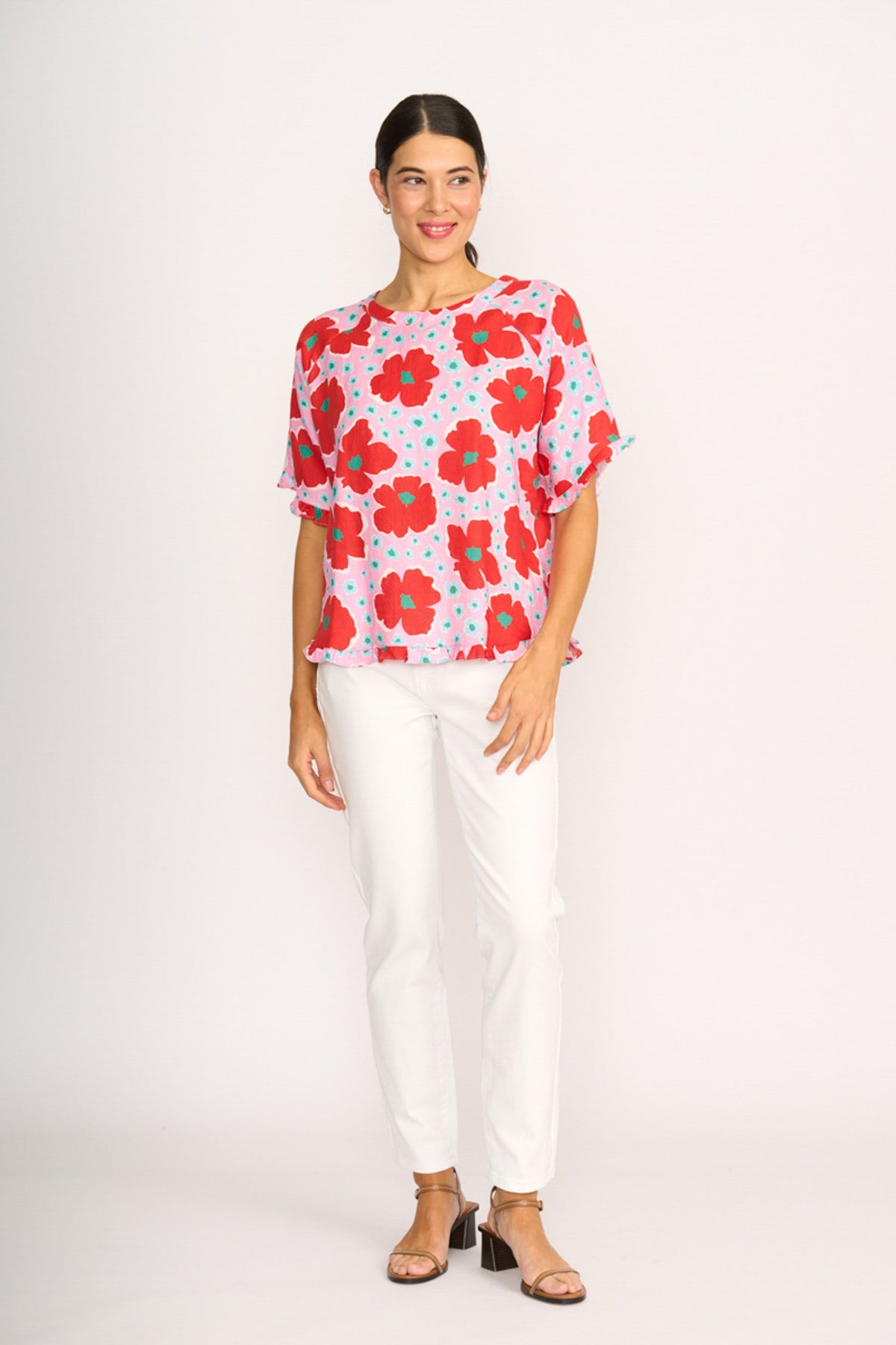 RUFFLES & SCOOP HEM TOP Vibrant Floral