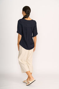 SCOOP RUFFLE SLEEVE TOP Navy Stripe
