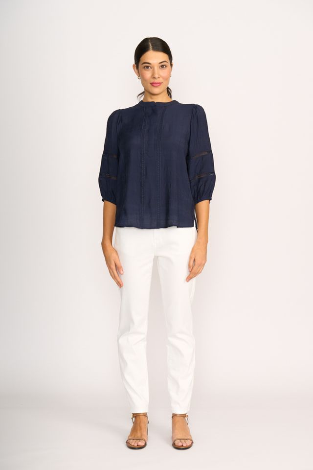 BLOUSE CHECK & LACE Navy