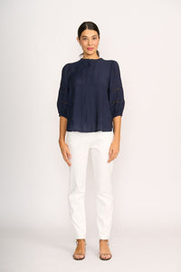 BLOUSE CHECK & LACE Navy