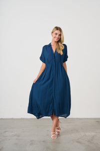 Dress Seersucker Hidden Buttons Navy