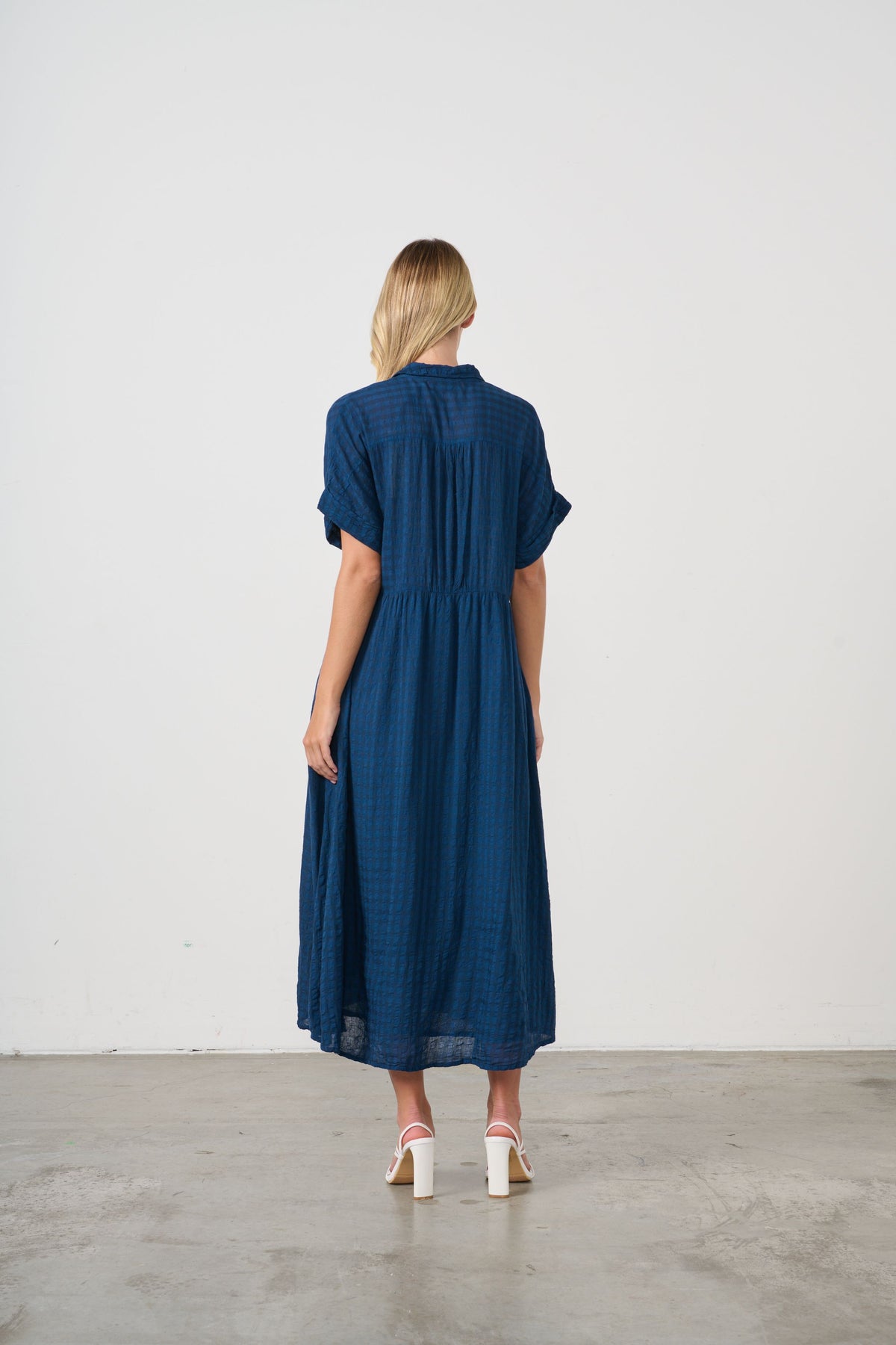 Dress Seersucker Hidden Buttons Navy