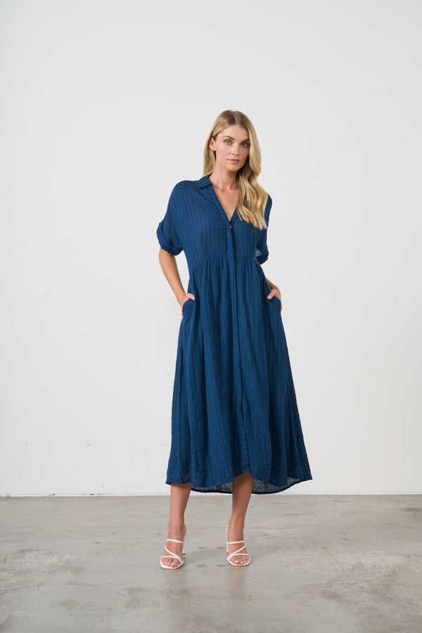Dress Seersucker Hidden Buttons Navy