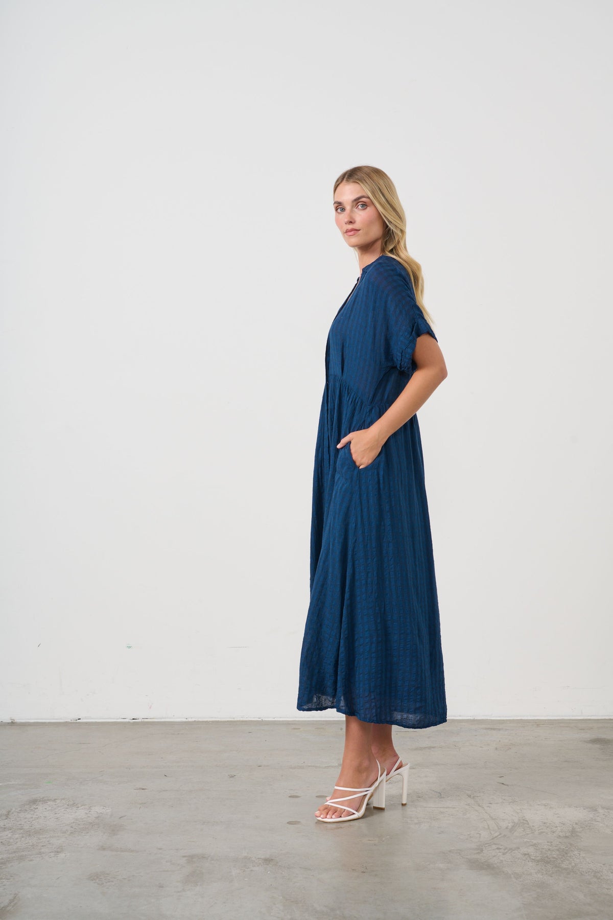 Dress Seersucker Hidden Buttons Navy