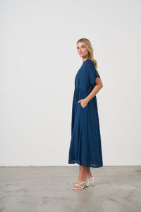 Dress Seersucker Hidden Buttons Navy