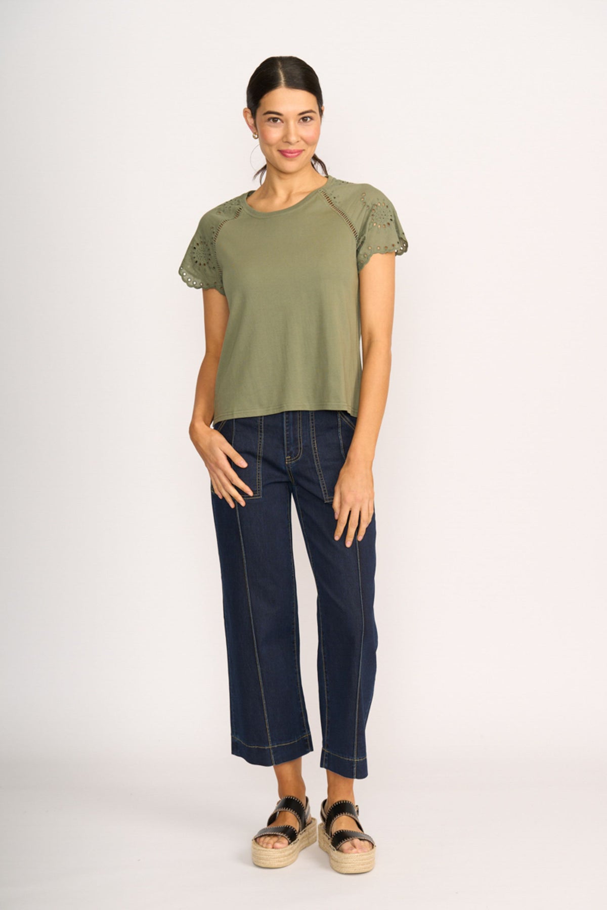 T SHIRT BRODERIE SLEEVE Sage