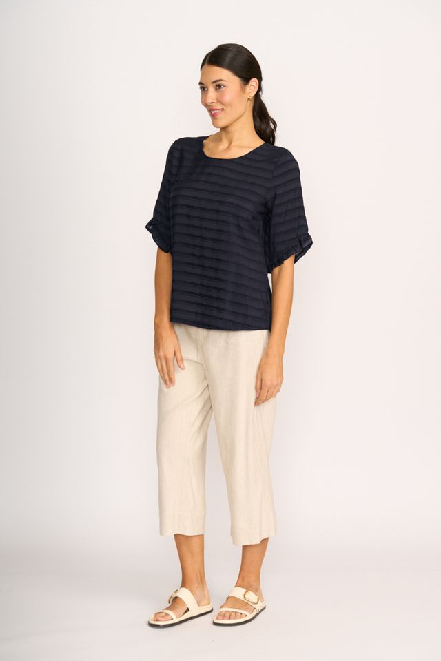 SCOOP RUFFLE SLEEVE TOP Navy Stripe