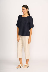 SCOOP RUFFLE SLEEVE TOP Navy Stripe