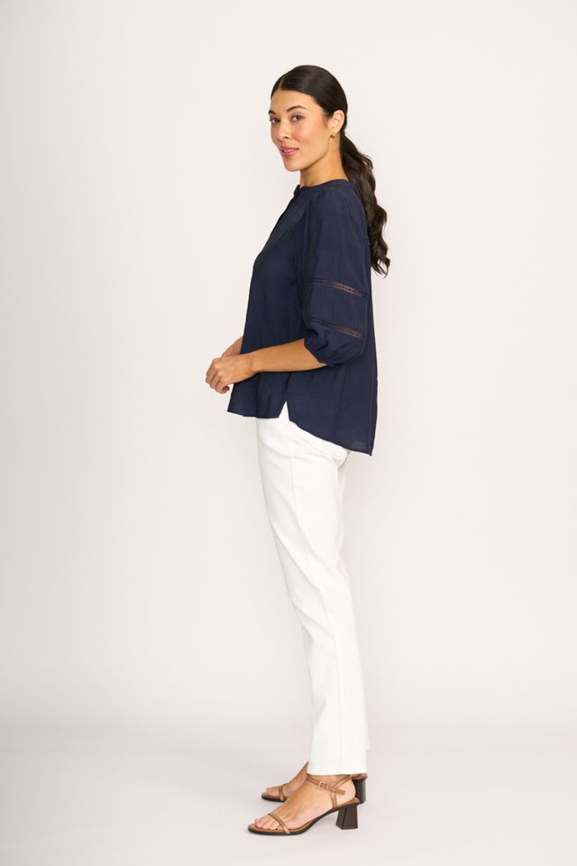 BLOUSE CHECK & LACE Navy